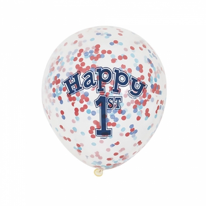 Balionai "1-asis gimtadienis", su raudonais-mėlynais konfeti (6 vnt.)